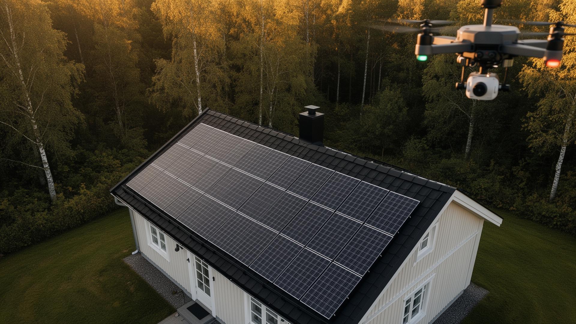 Drönare med värmekamera över villatak med solpaneler